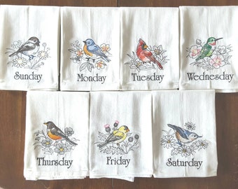 Birds and Blooms Days of the Week Machine Embroidered Flour Sack Dish Towels