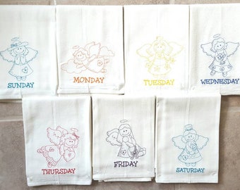 Colored Angels Days of the Week Embroidered Flour Sack Dish Towels