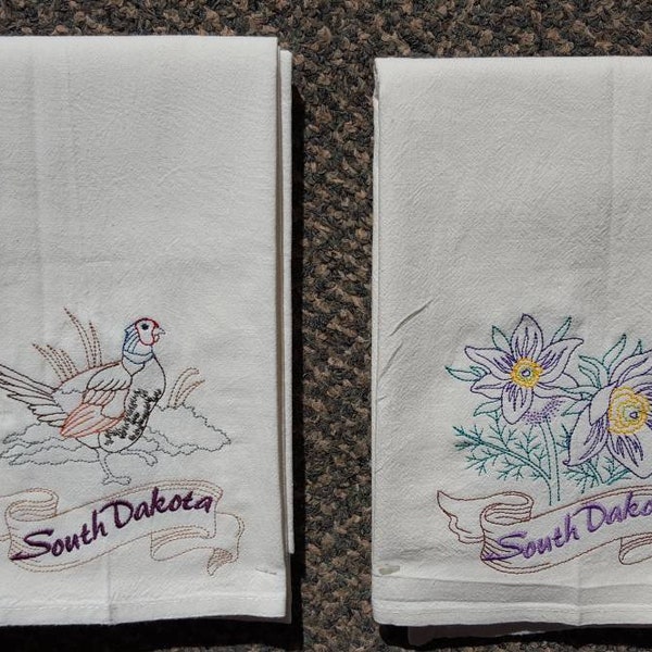 South Dakota State Bird Ring-Necked Pheasant OR State Flower Pasque Flower Machine Embroidered Flour Sack Dish Towels