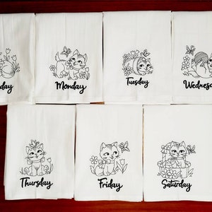 Country Kitten Days of the Week Machine Embroidered Flour Sack Dish Towels