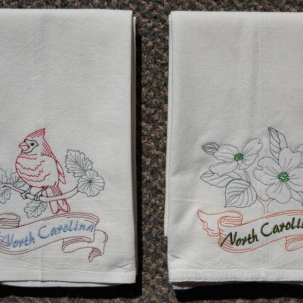 North Carolina State Bird Cardinal OR State Flower Dogwood Machine Embroidered Flour Sack Dish Towels