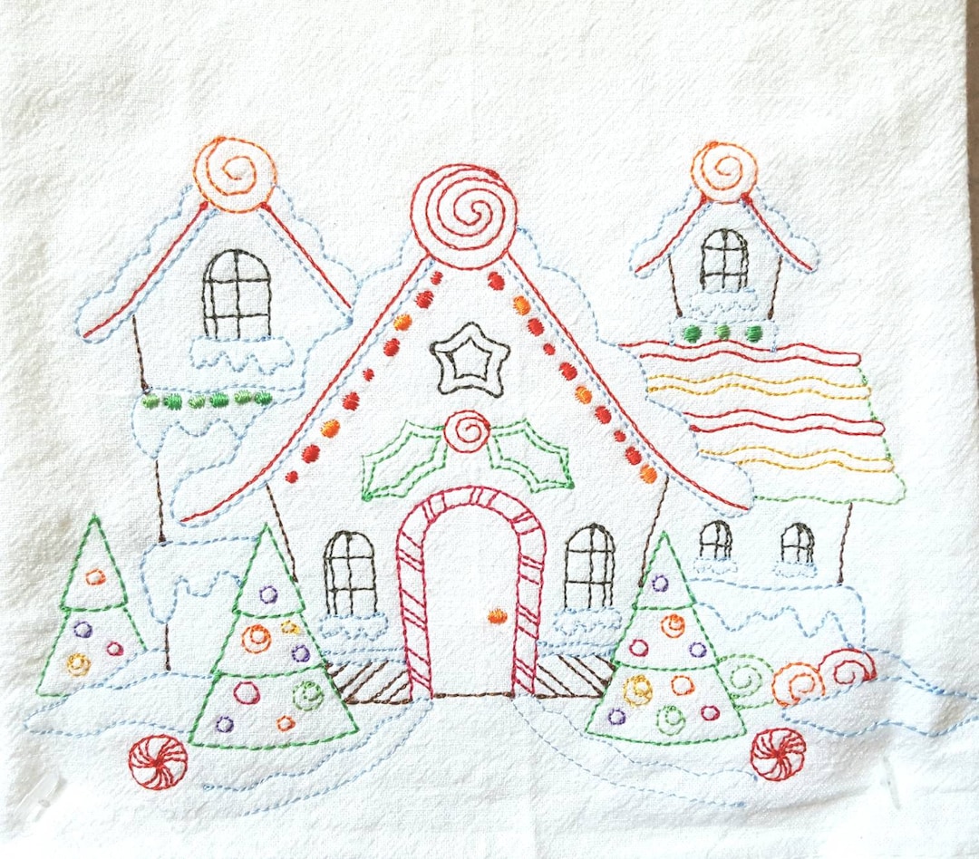 Gingerbread House 2 Machine Embroidered Flour Sack Dish Towel Etsy