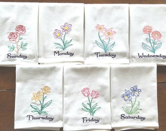 Vintage Flowers Days of the Week Machine Embroidered Flour Sack Dish Towels
