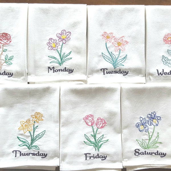 Vintage Flowers Days of the Week Machine Embroidered Flour Sack Dish Towels