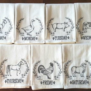 Farmhouse Animals Days of the Week Embroidered Flour Sack Dish Towels