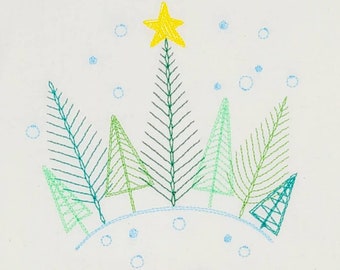 Homespun Christmas Tree Scene Machine Embroidered Flour Sack Dish Towel