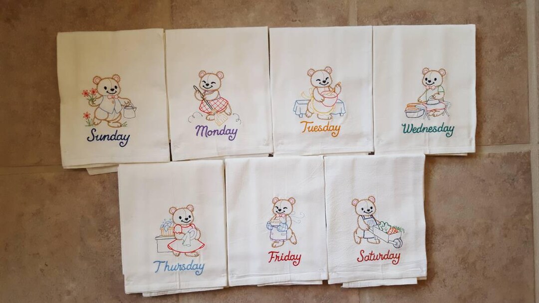 Teddy Bears Days of the Week Embroidered Flour Sack Dish Towels - Etsy