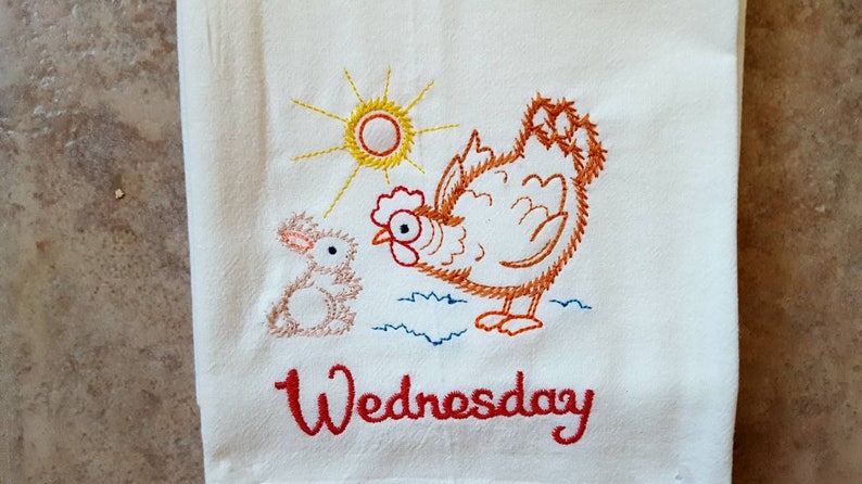 Chicken Days of the Week Machine Embroidered Flour Sack Dish Towels Wednesday Towel