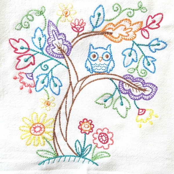 Owl Enchantment Machine Embroidered Flour Sack Dish Towel