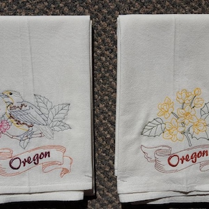Oregon State Bird Western Meadowlark OR State Flower Oregon Grape Machine Embroidered Flour Sack Dish Towels