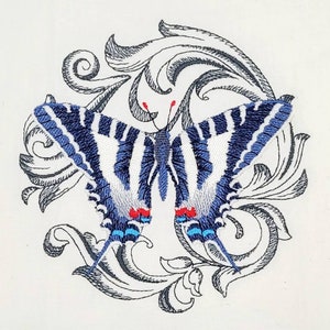 Zebra Swallowtail Butterfly w/Baroque Background Machine Embroidered Flour Sack Dish Towel