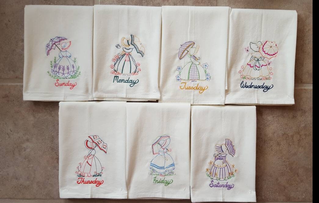 Umbrella Girl Days of the Week Machine Embroidered Flour Sack Dish Towels