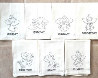 Schwarze Engel Wochentage bestickte Mehlsack Geschirrtücher