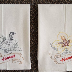 Hawaii State Bird Nene OR State Flower Hibiscus Machine Embroidered Flour Sack Dish Towels