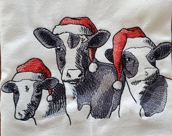 Kerstkoeien machinaal geborduurde meelzak theedoek