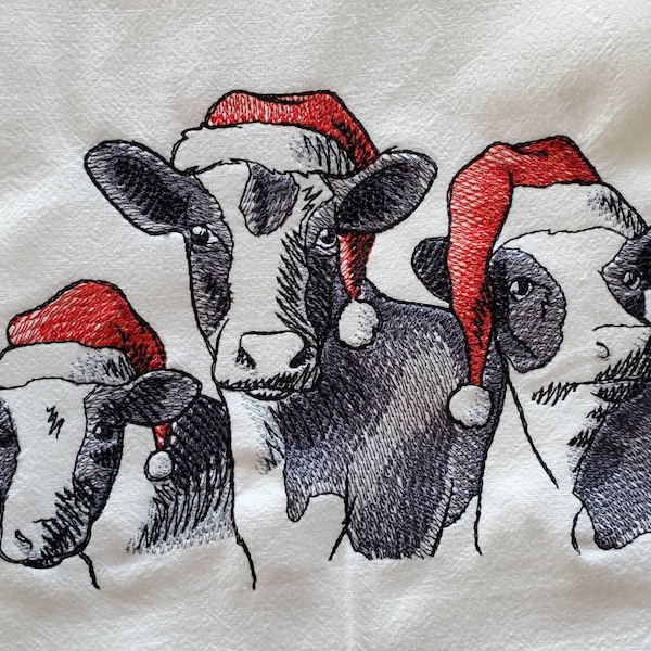 Kerstkoeien machinaal geborduurde meelzak theedoek