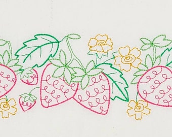 Summer Strawberry Border Machine Embroidered Flour Sack Dish Towel