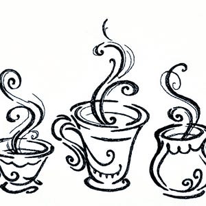 Op de afbeelding: Drie zwart-witte lijntekeningen van kopjes met stoom die eruit opstijgt. De kopjes zijn allemaal van verschillende vormen en maten.