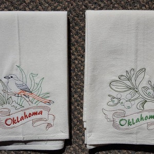 Oklahoma State Bird Scissor-Tailed Flycatcher OR State Flower Mistletoe Machine Embroidered Flour Sack Dish Towels