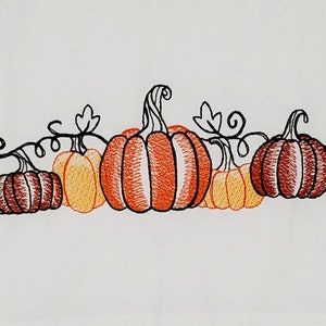 May include: Embroidered design of five pumpkins with orange, red, and yellow hues, connected by a vine with leaves. The pumpkins are arranged in a row, with the largest pumpkin in the center.