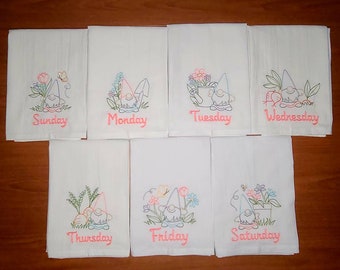 Spring Gnomes Days of the Week Machine Embroidered Flour Sack Dish Towels