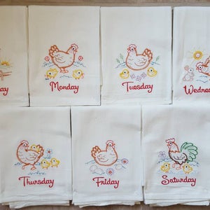 Chicken Days of the Week Machine Embroidered Flour Sack Dish Towels