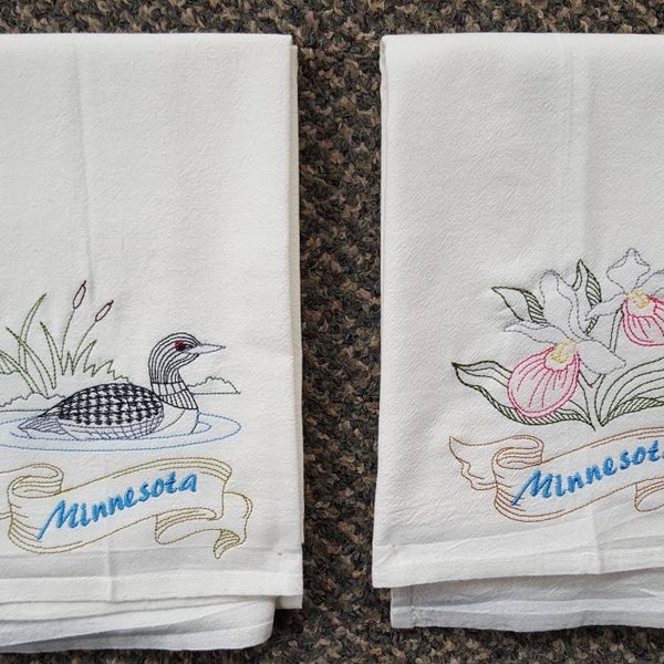 Minnesota State Bird Common Loon OR State Flower Showy Lady Slipper Machine Embroidered Flour Sack Dish Towels