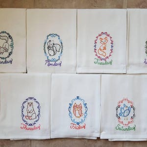 Woodland Cameo Days of the Week Embroidered Flour Sack Dish Towels