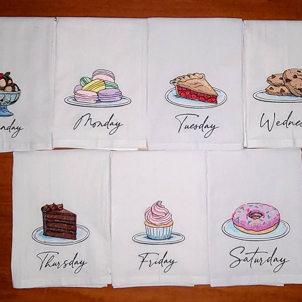 Dessert Days of the Week Machine Embroidered Flour Sack Dish Towels