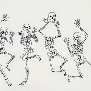 May include: Four skeletons dancing with their arms raised in the air. The skeletons are drawn in black ink on a white background.