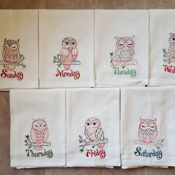 Owls Days of the Week Machine Embroidered Flour Sack Dish Towels