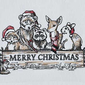 Merry Christmas Welcome Woodland Animals Machine Embroidered Flour Sack Dish Towel