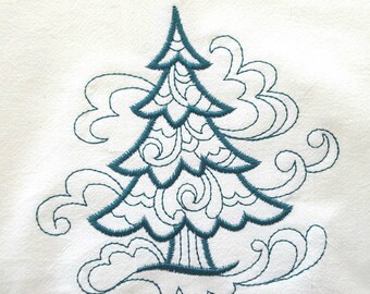 Doodle Pine Tree Embroidered Flour Sack Dish Towel