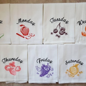 Colored Toile Fruit Days of the Week Embroidered Flour Sack Dish Towels