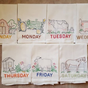 Farm Life Days of the Week Machine Embroidered Flour Sack Dish Towels