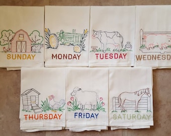 Farm Life Days of the Week Machine Embroidered Flour Sack Dish Towels