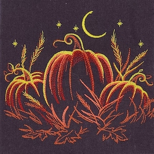 May include: Embroidered design of three pumpkins with stems and leaves, a crescent moon, and stars on a dark purple background.