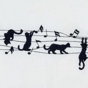 May include: Black silhouette of cats playing music on a staff with musical notes. The cats are in various poses, some are jumping, some are sitting, and some are hanging from the staff. The image is a whimsical and fun design.