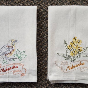 Nebraska State Bird Western Meadowlark OR State Flower Goldenrod Machine Embroidered Flour Sack Dish Towels