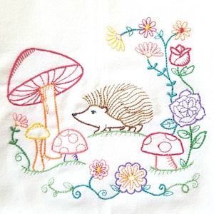 Hedgehog and Mushrooms Machine Embroidered Flour Sack Dish Towel