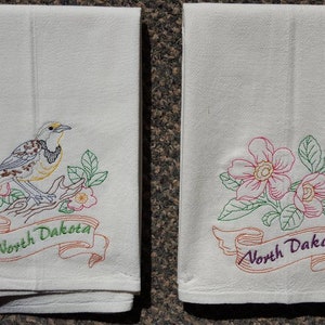 North Dakota State Bird Western Meadowlark OR State Flower Wild Prairie Rose Machine Embroidered Flour Sack Dish Towels