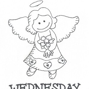 Pode incluir: Desenho a tra&ccedil;o preto e branco de um anjo segurando flores, com uma aur&eacute;ola acima da cabe&ccedil;a. O anjo est&aacute; vestindo um vestido com detalhes de cora&ccedil;&atilde;o e hashtag. A palavra "WEDNESDAY" est&aacute; escrita abaixo.
