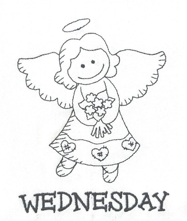 Pode incluir: Desenho a tra&ccedil;o preto e branco de um anjo segurando flores, com uma aur&eacute;ola acima da cabe&ccedil;a. O anjo est&aacute; vestindo um vestido com detalhes de cora&ccedil;&atilde;o e hashtag. A palavra "WEDNESDAY" est&aacute; escrita abaixo.