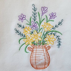 Blooming March Basket Machine Embroidered Flour Sack Dish Towel