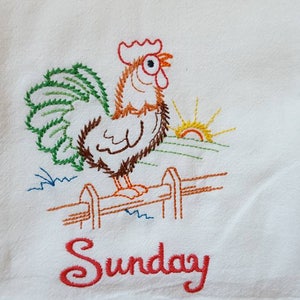 Chicken Days of the Week Machine Embroidered Flour Sack Dish Towels Sunday Towel