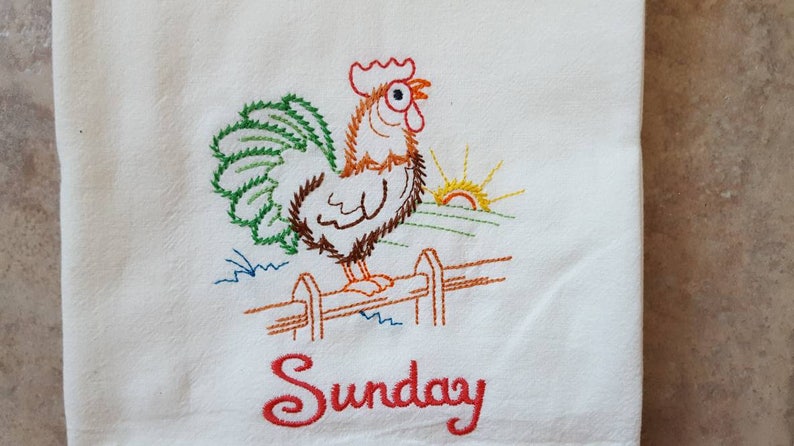 Chicken Days of the Week Machine Embroidered Flour Sack Dish Towels Sunday Towel