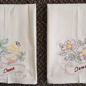 Iowa State Bird Eastern Goldfinch OR State Flower Prairie Rose Machine Embroidered Flour Sack Dish Towels