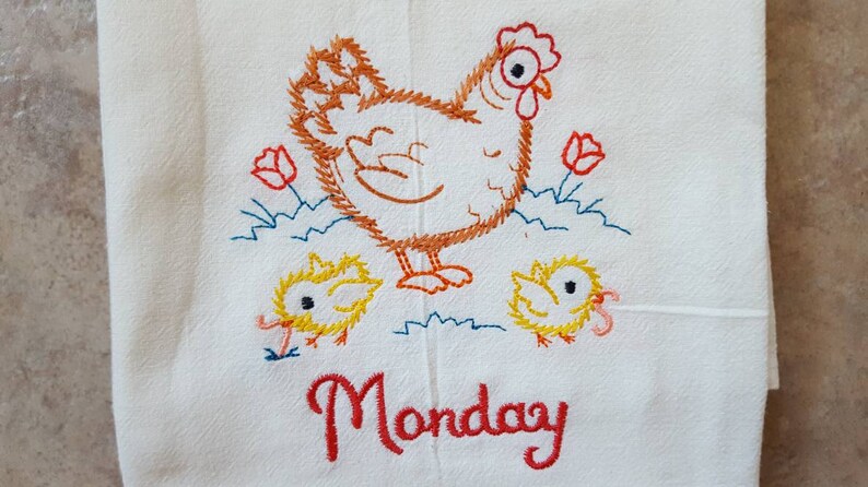 Chicken Days of the Week Machine Embroidered Flour Sack Dish Towels Monday Towel