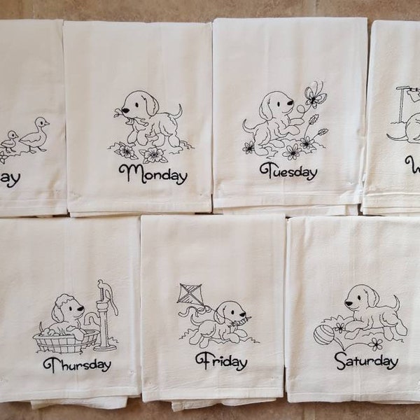 Tea Time Days of the Week Embroidered Flour Sack Dish Towels