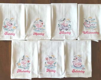 Flamingo Days of the Week Machine Embroidered Flour Sack Dish Towels